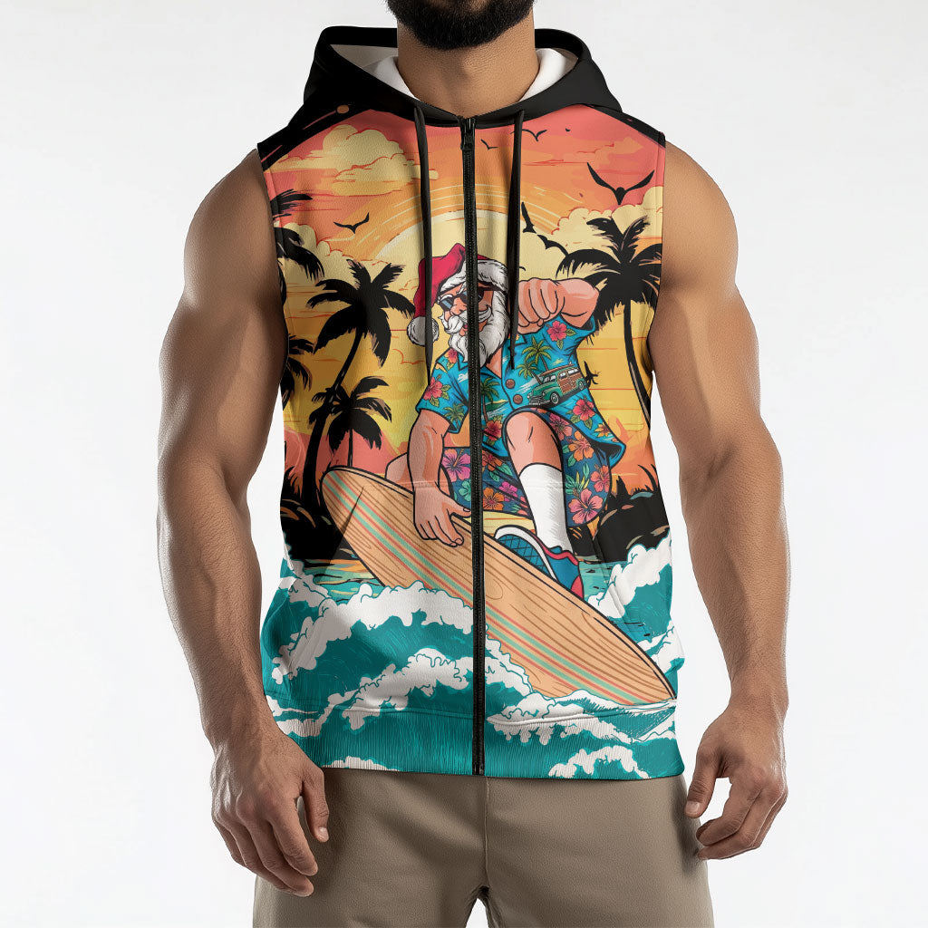 Vintage Santa Claus Surfing Summer Sleeveless Zip Hoodie Mele Kalikimaka i Iulai! LT9 - Polynesian Pride