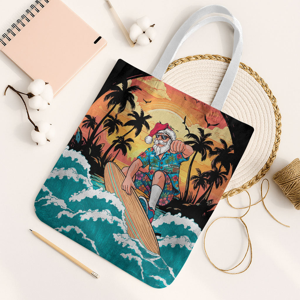 Vintage Santa Claus Surfing Summer Tote Bag Mele Kalikimaka i Iulai! LT9 White Strap One Size Black - Polynesian Pride