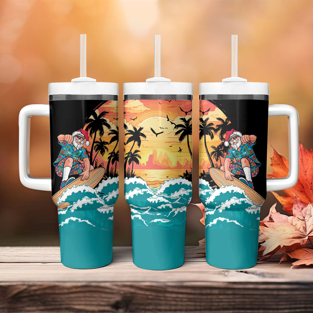 Vintage Santa Claus Surfing Summer Tumbler With Handle Mele Kalikimaka i Iulai! LT9 - Polynesian Pride