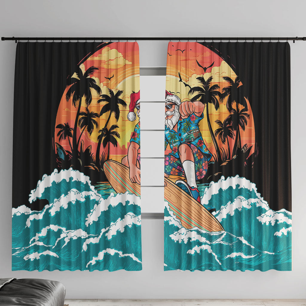 Vintage Santa Claus Surfing Summer Window Curtain Mele Kalikimaka i Iulai! LT9 With Hooks Black - Polynesian Pride
