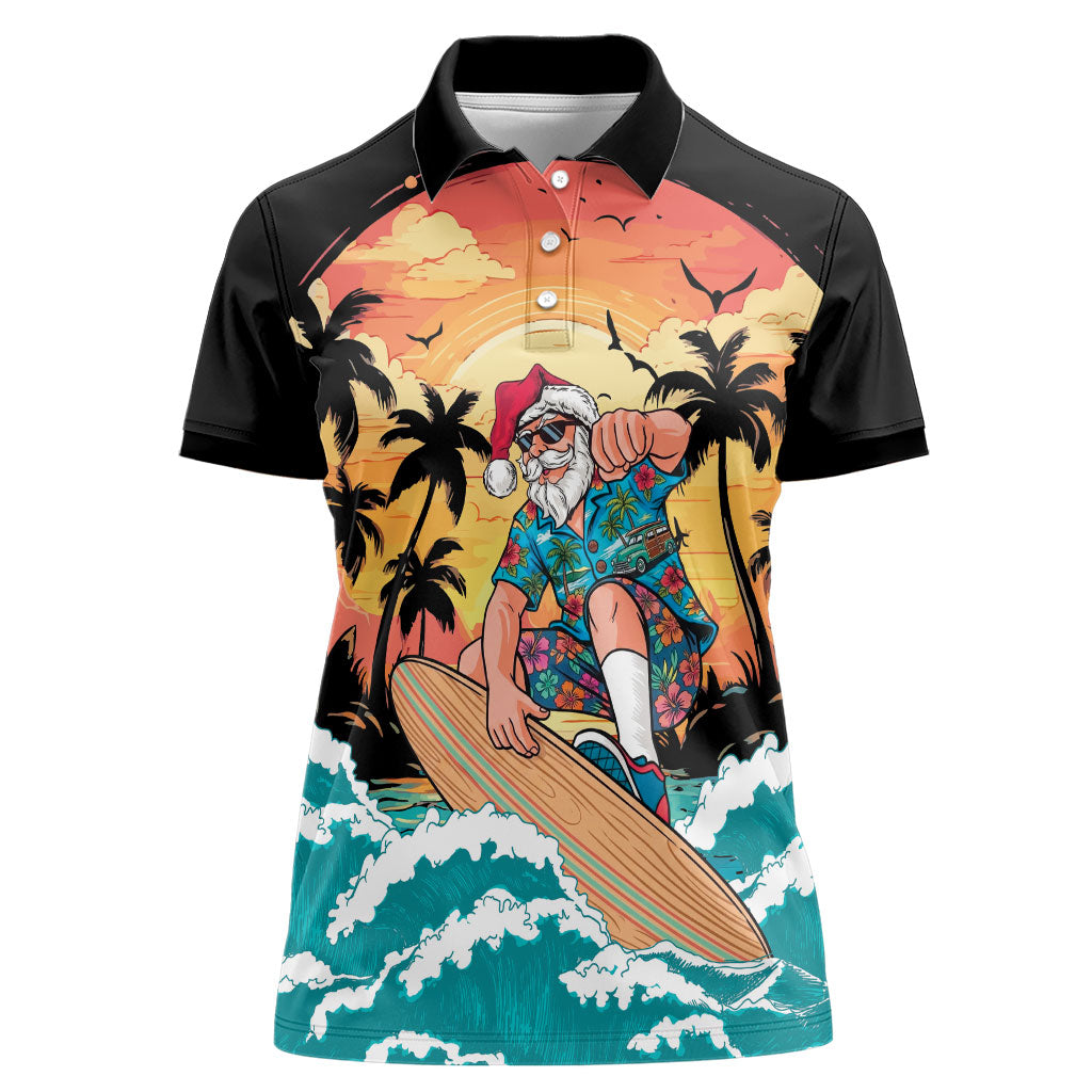 Vintage Santa Claus Surfing Summer Women Polo Shirt Mele Kalikimaka i Iulai! LT9 Female Black - Polynesian Pride