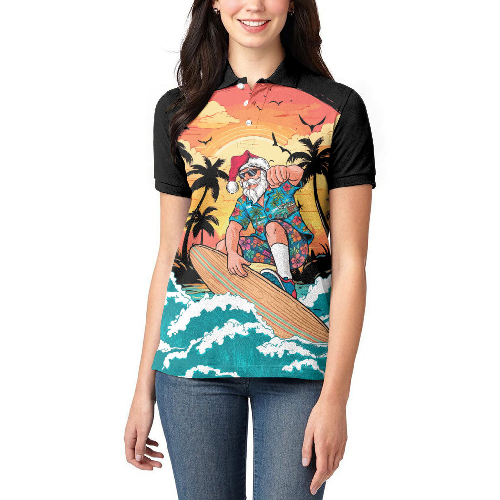 Vintage Santa Claus Surfing Summer Women Polo Shirt Mele Kalikimaka i Iulai! LT9 - Polynesian Pride