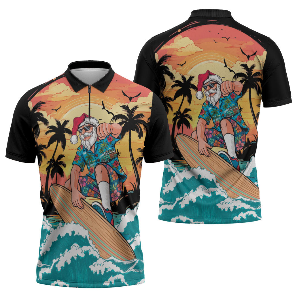 Vintage Santa Claus Surfing Summer Zipper Polo Shirt Mele Kalikimaka i Iulai! LT9 - Polynesian Pride