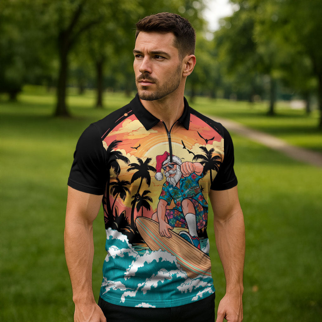 Vintage Santa Claus Surfing Summer Zipper Polo Shirt Mele Kalikimaka i Iulai! LT9 - Polynesian Pride