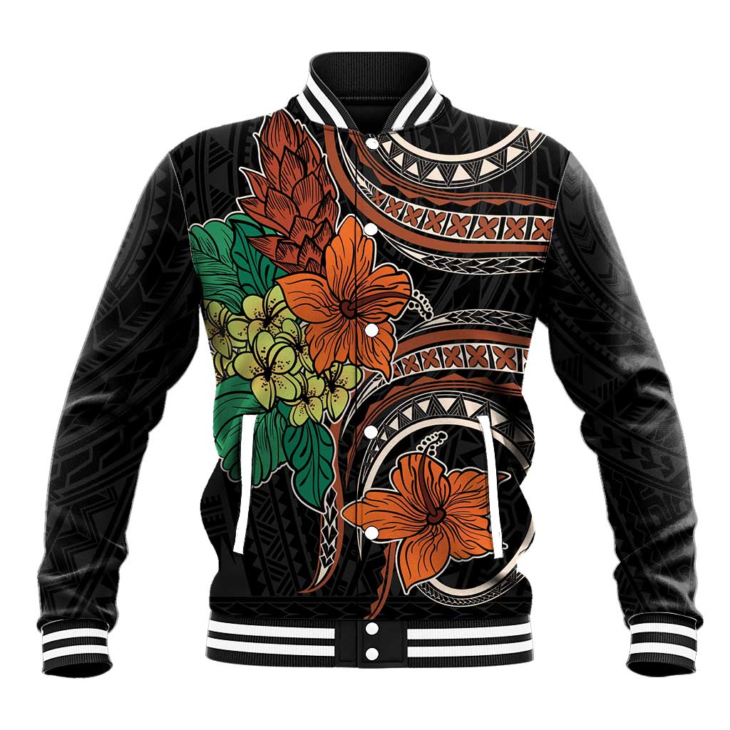 Vintage Hibiscus Pacific Floral Baseball Jacket LT9 Unisex Black - Polynesian Pride