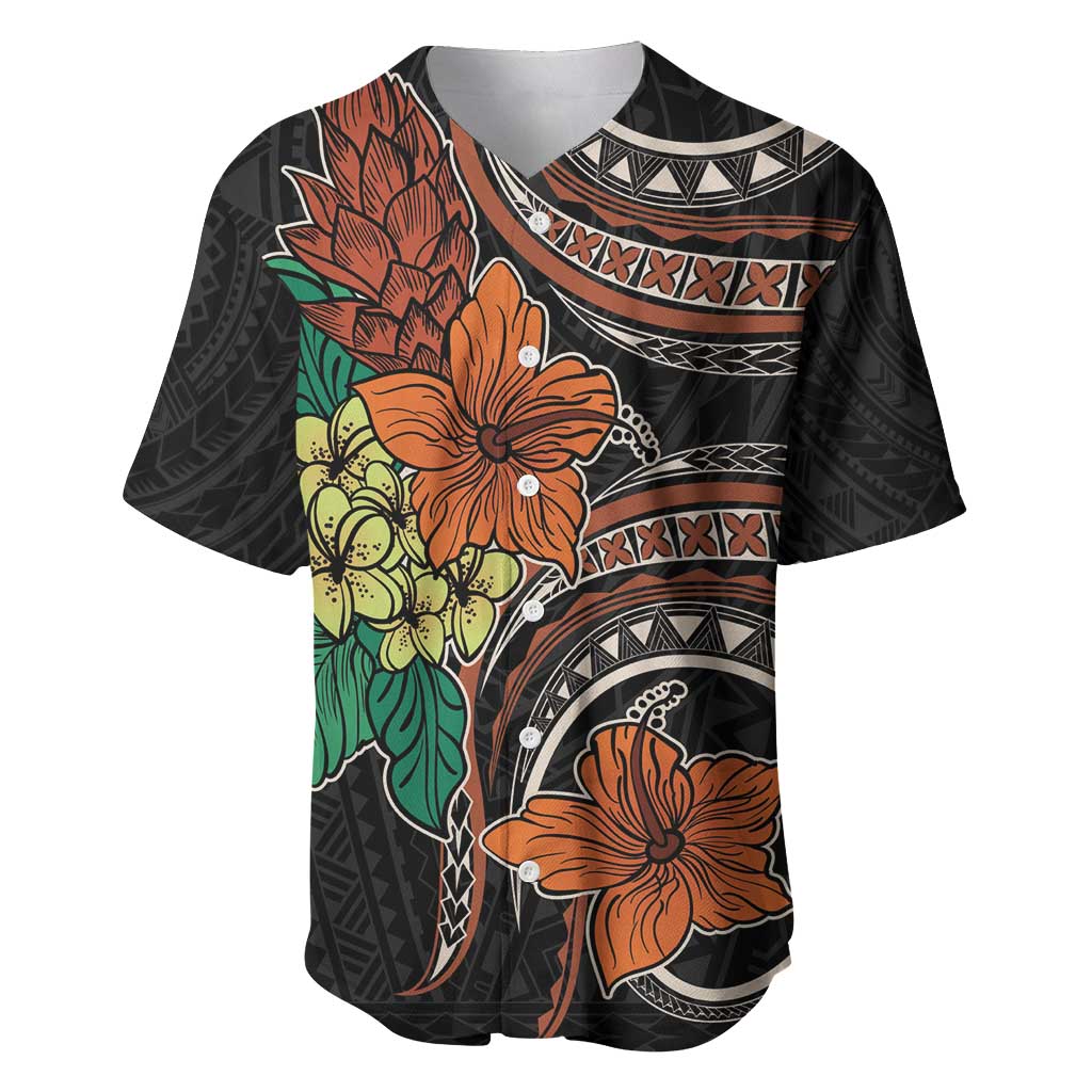 Vintage Hibiscus Pacific Floral Baseball Jersey LT9 Black - Polynesian Pride