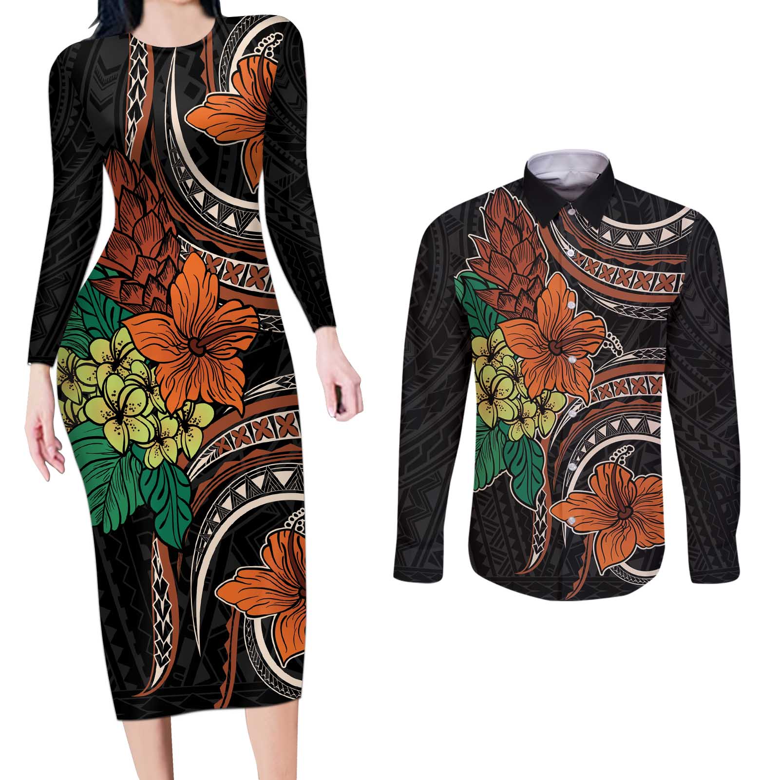 Vintage Hibiscus Pacific Floral Couples Matching Long Sleeve Bodycon Dress and Long Sleeve Button Shirt