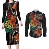 Vintage Hibiscus Pacific Floral Couples Matching Long Sleeve Bodycon Dress and Long Sleeve Button Shirt