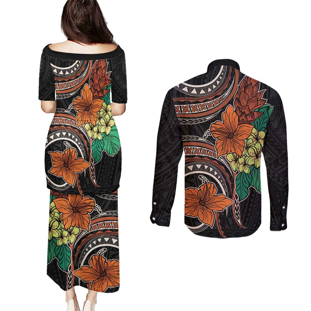 Vintage Hibiscus Pacific Floral Couples Matching Puletasi and Long Sleeve Button Shirt