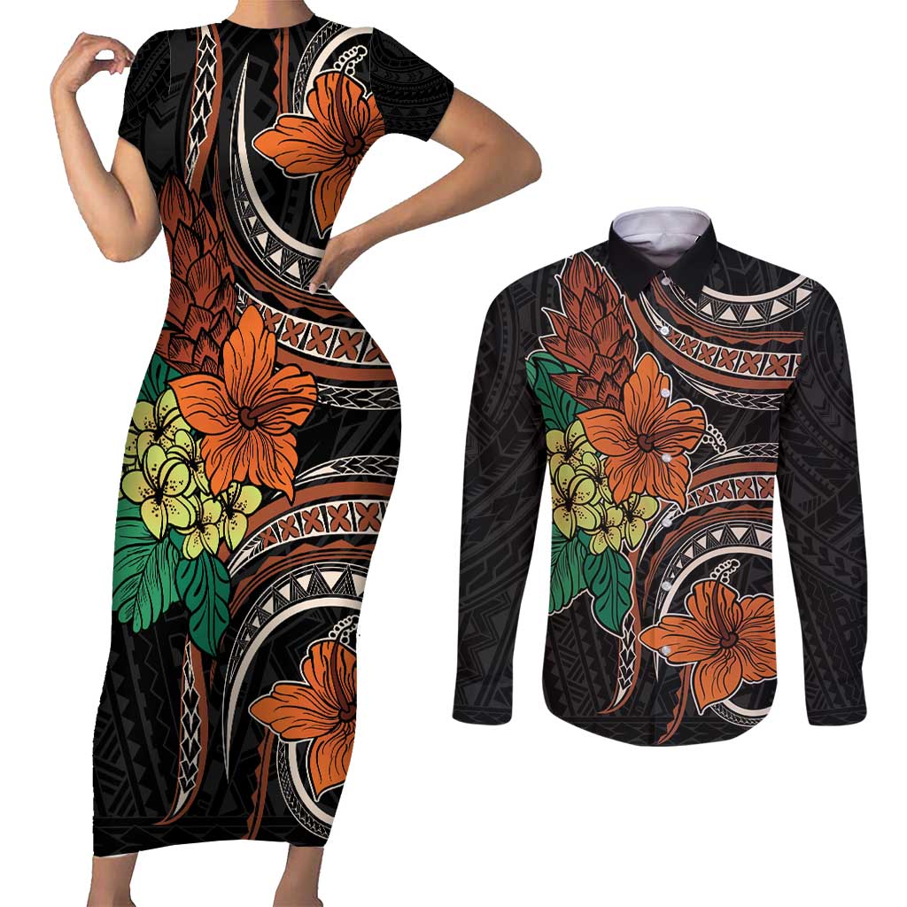 Vintage Hibiscus Pacific Floral Couples Matching Short Sleeve Bodycon Dress and Long Sleeve Button Shirt
