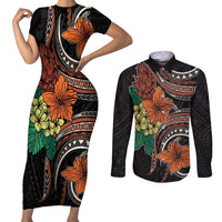 Vintage Hibiscus Pacific Floral Couples Matching Short Sleeve Bodycon Dress and Long Sleeve Button Shirt