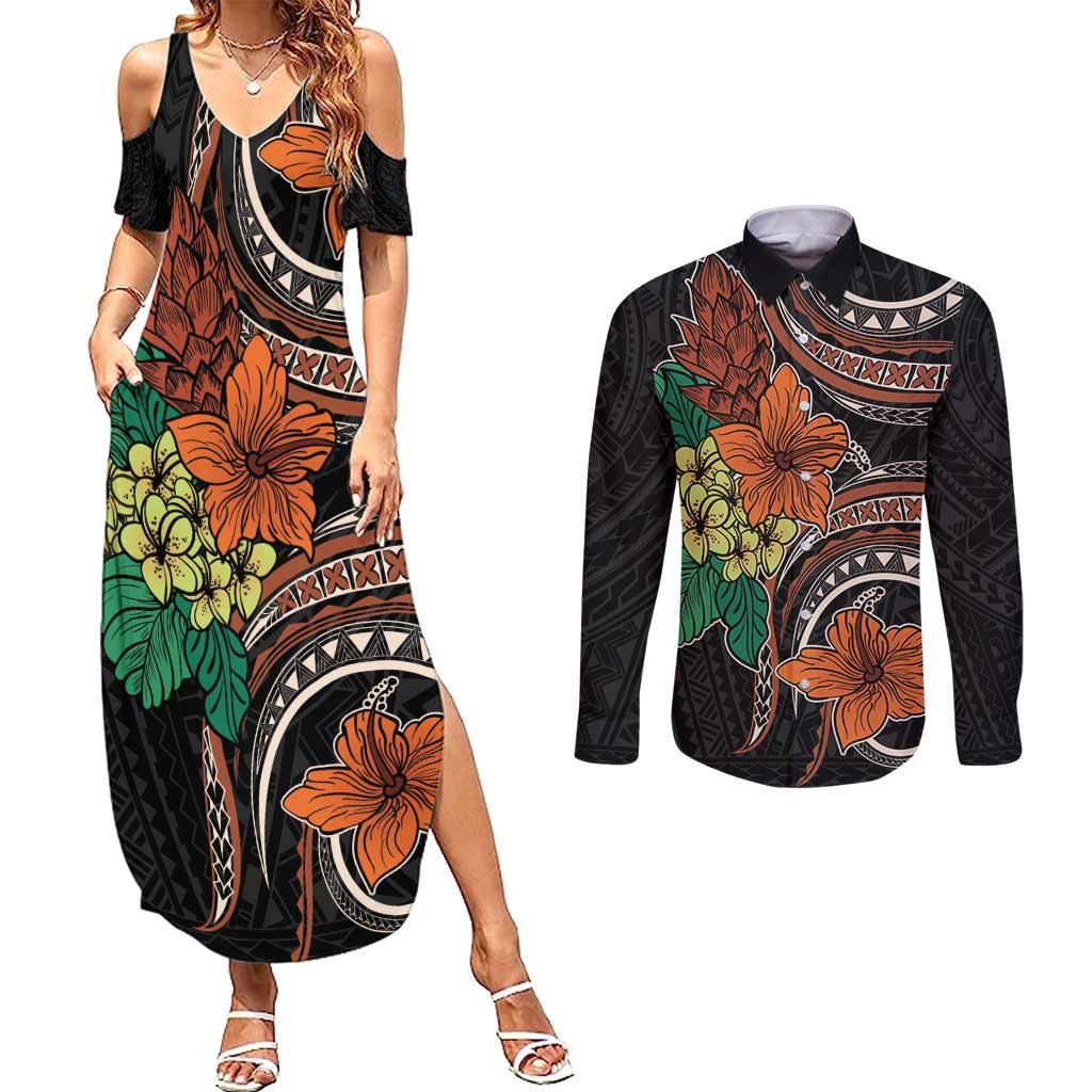 Vintage Hibiscus Pacific Floral Couples Matching Summer Maxi Dress and Long Sleeve Button Shirt