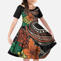 Vintage Hibiscus Pacific Floral Family Matching Tank Maxi Dress and Hawaiian Shirt LT9 Daughter's Dress Black - Polynesian Pride