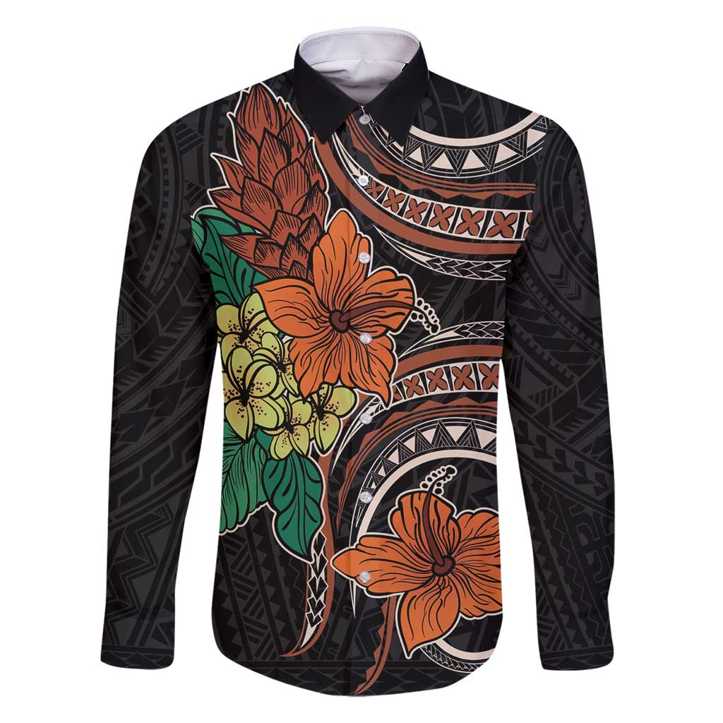 Vintage Hibiscus Pacific Floral Family Matching Tank Maxi Dress and Hawaiian Shirt LT9 Dad's Shirt - Long Sleeve Black - Polynesian Pride