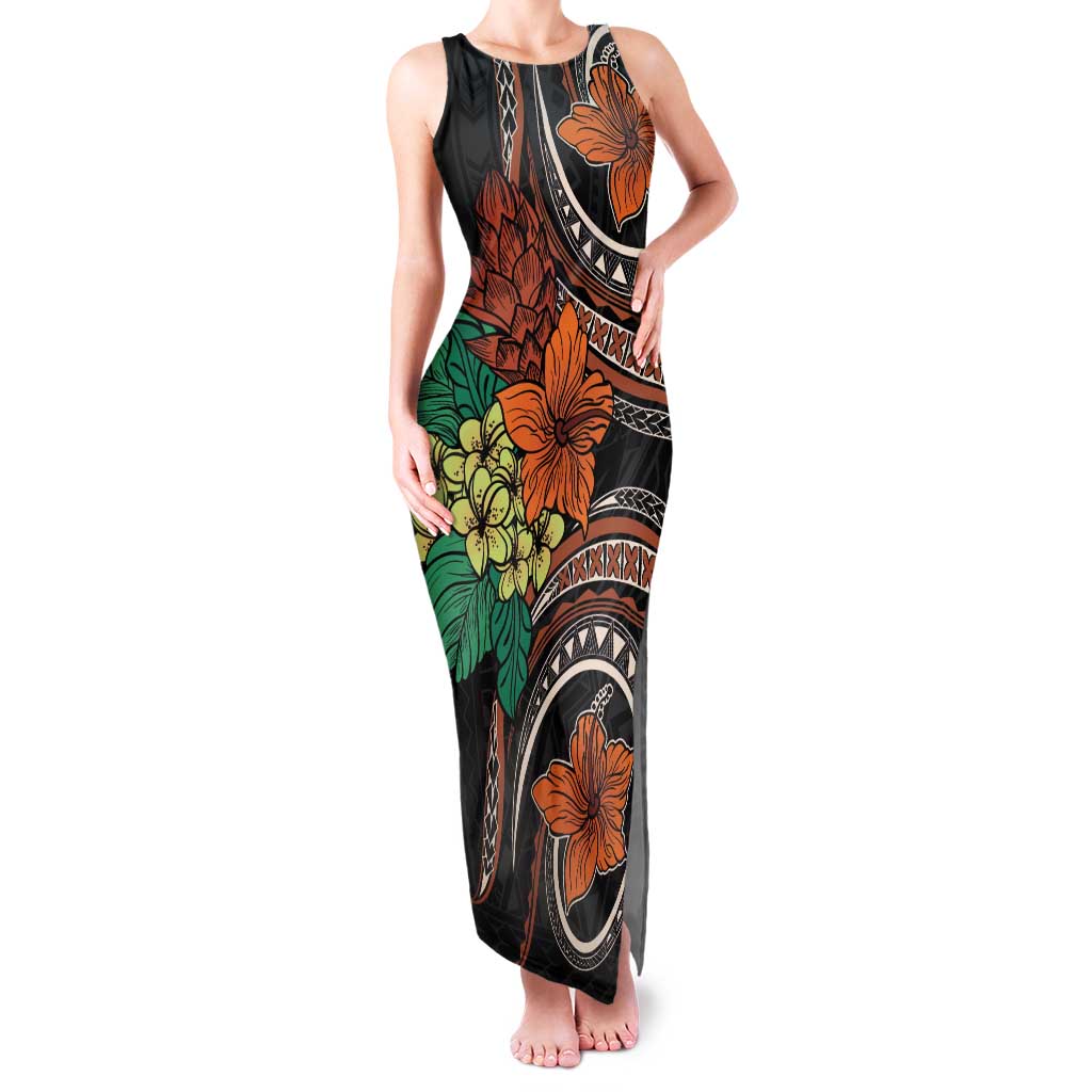Vintage Hibiscus Pacific Floral Family Matching Tank Maxi Dress and Hawaiian Shirt LT9 Mom's Dress Black - Polynesian Pride