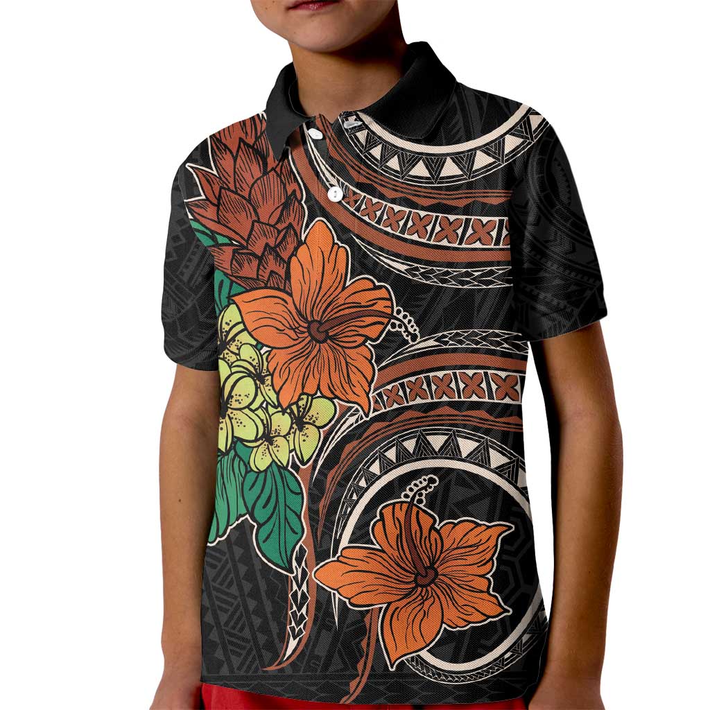 Vintage Hibiscus Pacific Floral Kid Polo Shirt LT9 Kid Black - Polynesian Pride