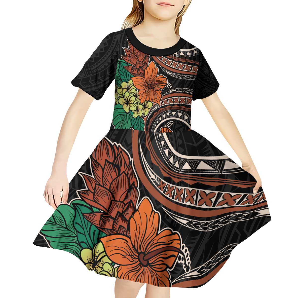 Vintage Hibiscus Pacific Floral Kid Short Sleeve Dress LT9 - Polynesian Pride