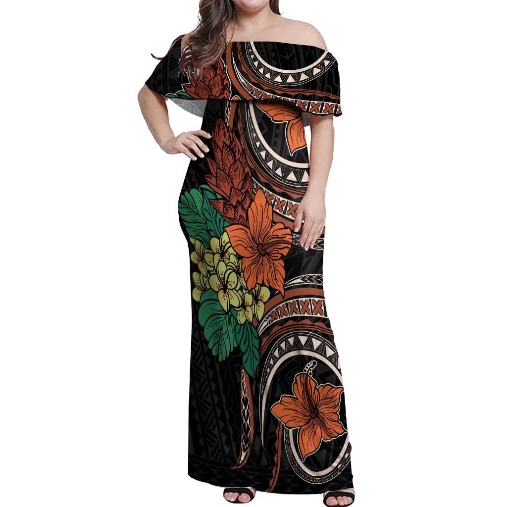 Vintage Hibiscus Pacific Floral Off Shoulder Maxi Dress LT9 Women Black - Polynesian Pride