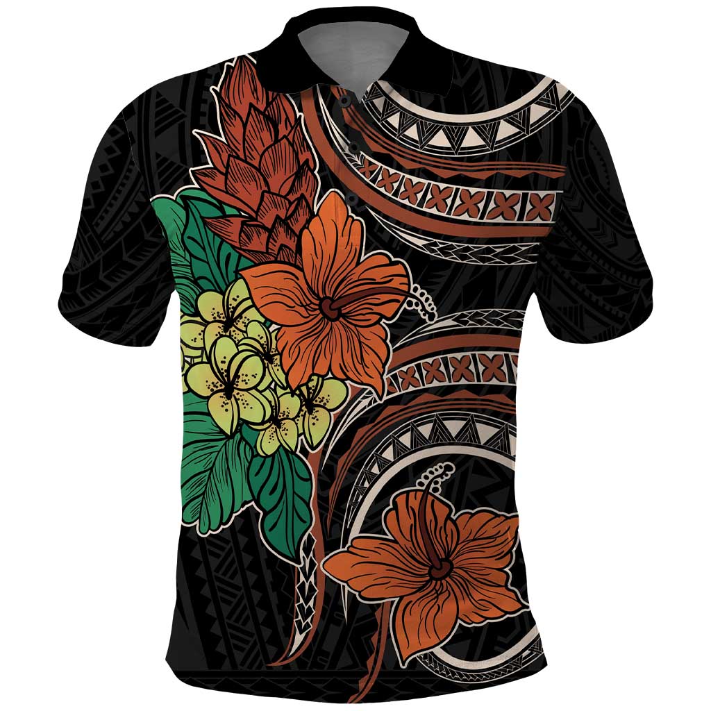 Vintage Hibiscus Pacific Floral Polo Shirt LT9 Black - Polynesian Pride