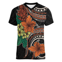 Vintage Hibiscus Pacific Floral Women V-Neck T-Shirt LT9 Female Black - Polynesian Pride