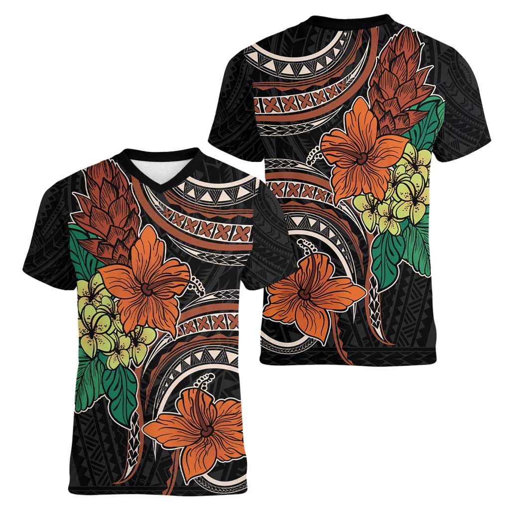 Vintage Hibiscus Pacific Floral Women V-Neck T-Shirt LT9 - Polynesian Pride