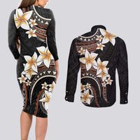 Vintage Plumeria Pacific Floral Couples Matching Long Sleeve Bodycon Dress and Long Sleeve Button Shirt