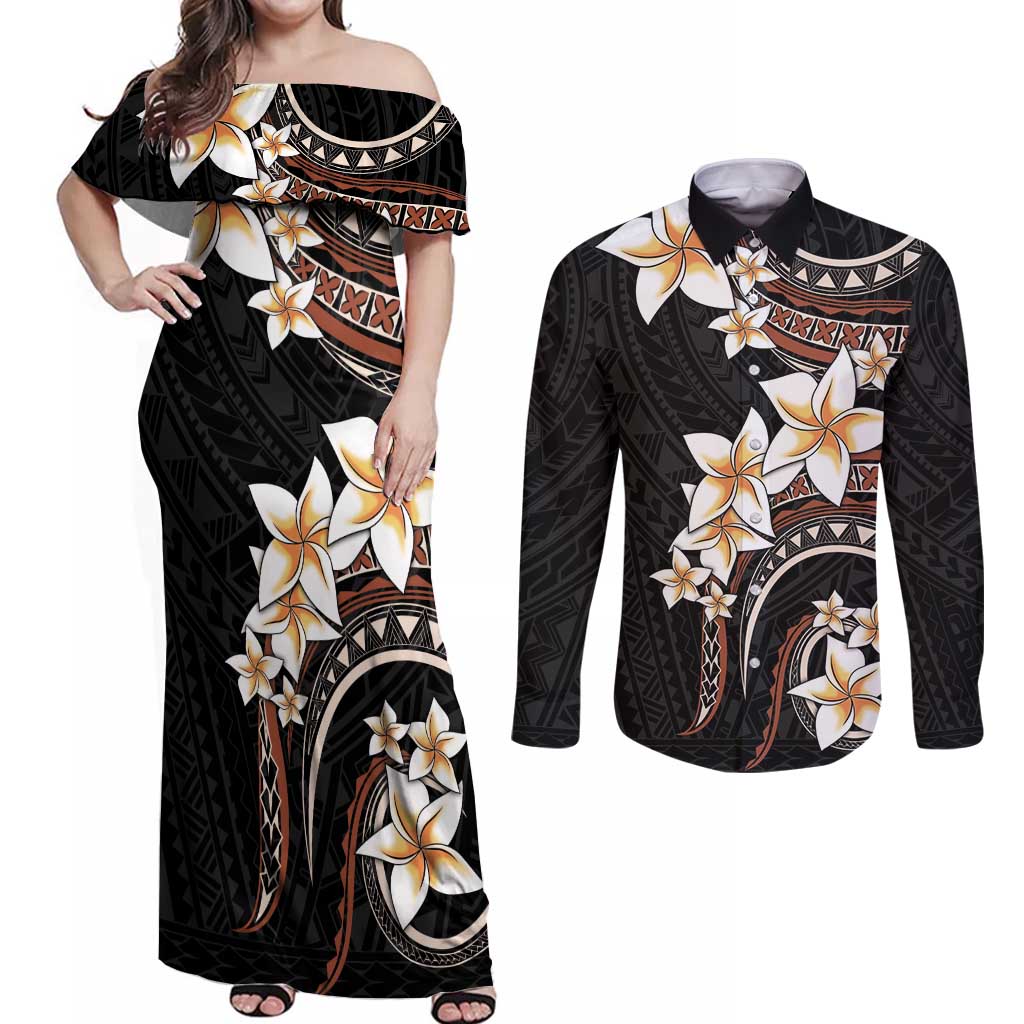 Vintage Plumeria Pacific Floral Couples Matching Off Shoulder Maxi Dress and Long Sleeve Button Shirt