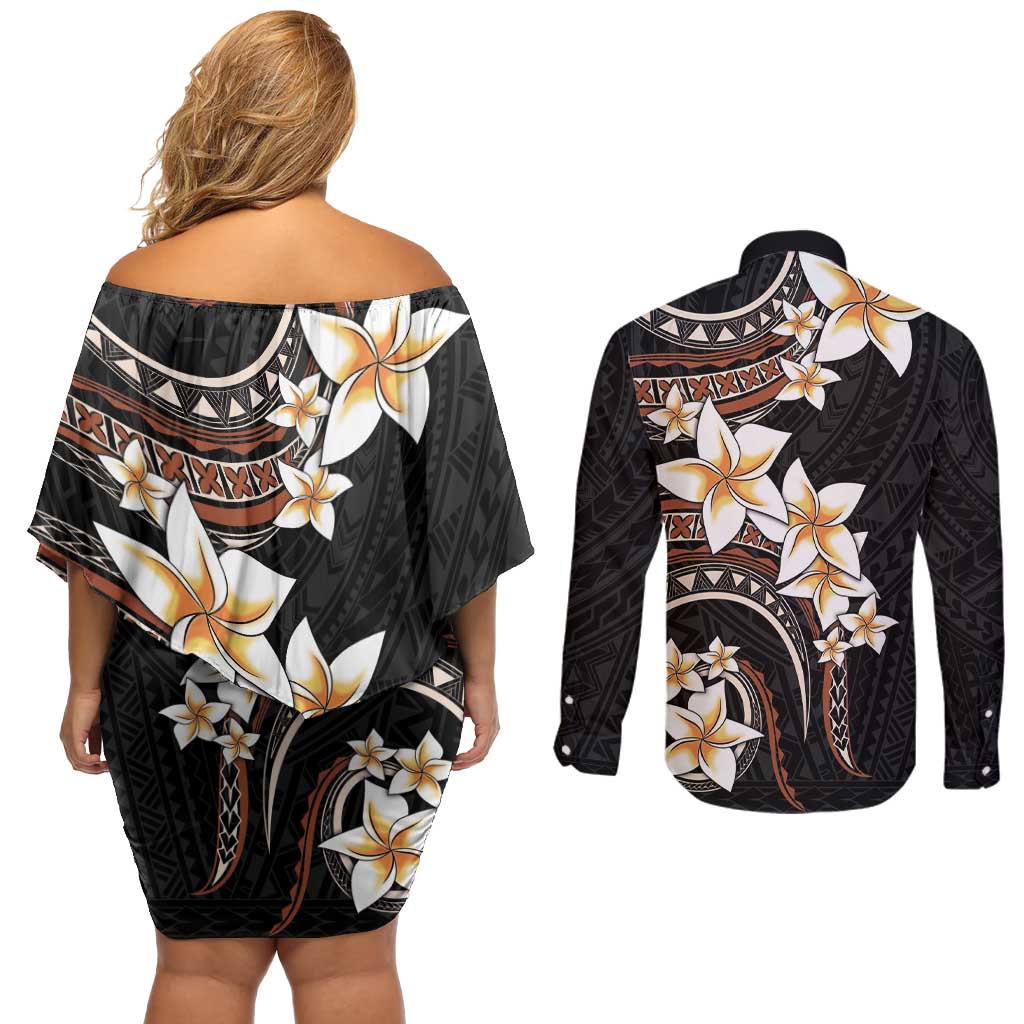 Vintage Plumeria Pacific Floral Couples Matching Off Shoulder Short Dress and Long Sleeve Button Shirt