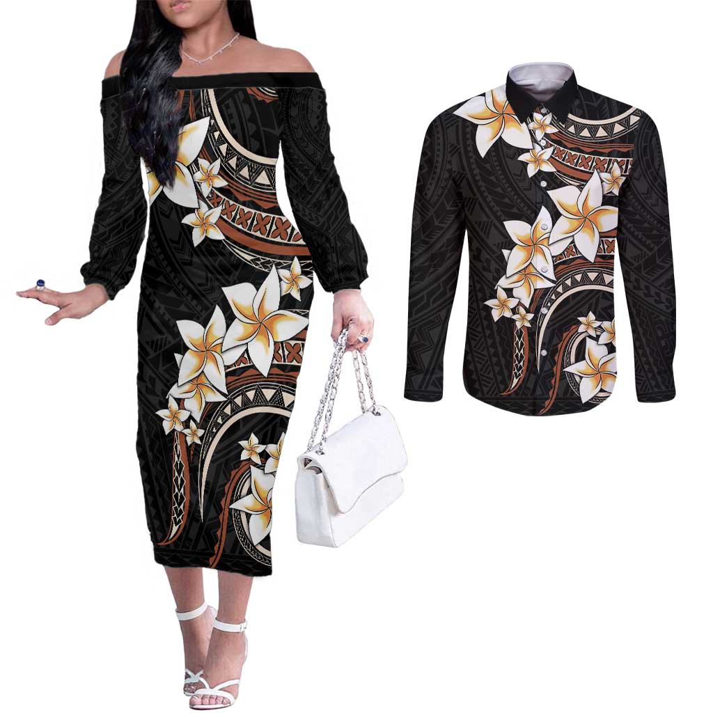 Vintage Plumeria Pacific Floral Couples Matching Off The Shoulder Long Sleeve Dress and Long Sleeve Button Shirt