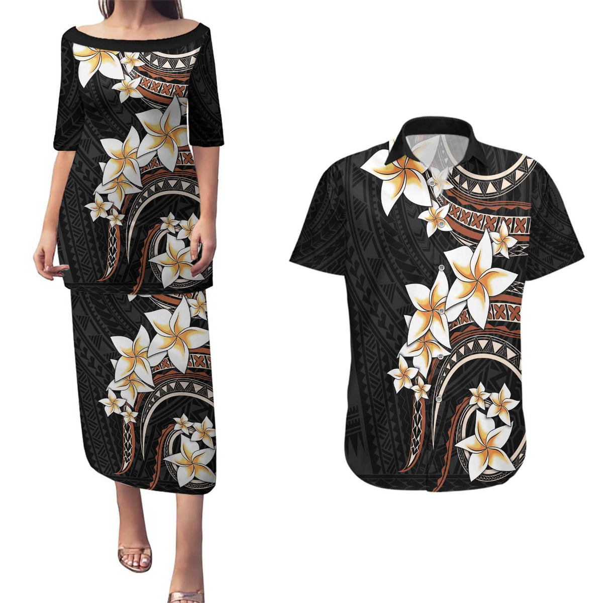 Vintage Plumeria Pacific Floral Couples Matching Puletasi and Hawaiian Shirt