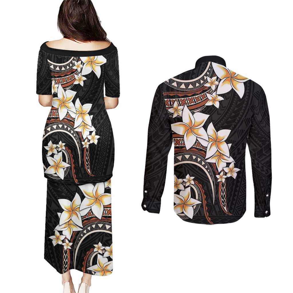 Vintage Plumeria Pacific Floral Couples Matching Puletasi and Long Sleeve Button Shirt