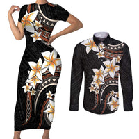 Vintage Plumeria Pacific Floral Couples Matching Short Sleeve Bodycon Dress and Long Sleeve Button Shirt