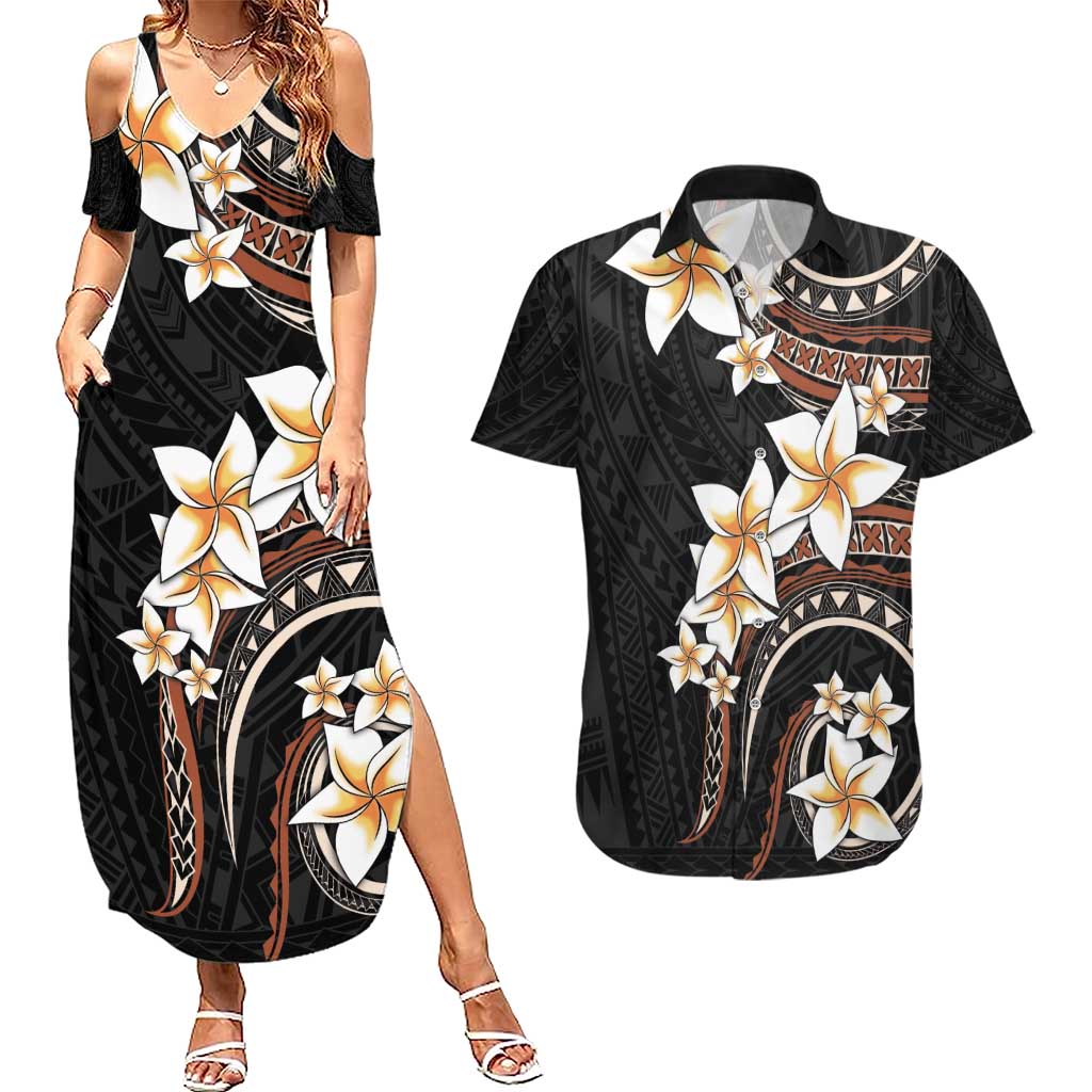 Vintage Plumeria Pacific Floral Couples Matching Summer Maxi Dress and Hawaiian Shirt