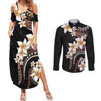 Vintage Plumeria Pacific Floral Couples Matching Summer Maxi Dress and Long Sleeve Button Shirt