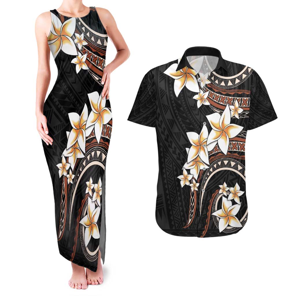 Vintage Plumeria Pacific Floral Couples Matching Tank Maxi Dress and Hawaiian Shirt