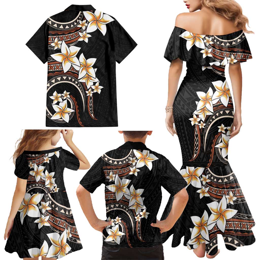 Vintage Plumeria Pacific Floral Family Matching Mermaid Dress and Hawaiian Shirt