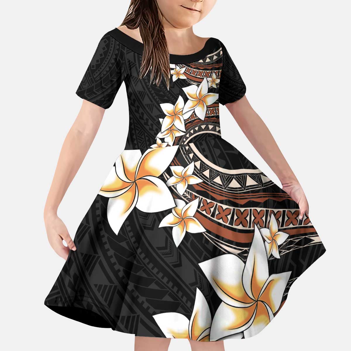 Vintage Plumeria Pacific Floral Kid Short Sleeve Dress LT9 KID Black - Polynesian Pride