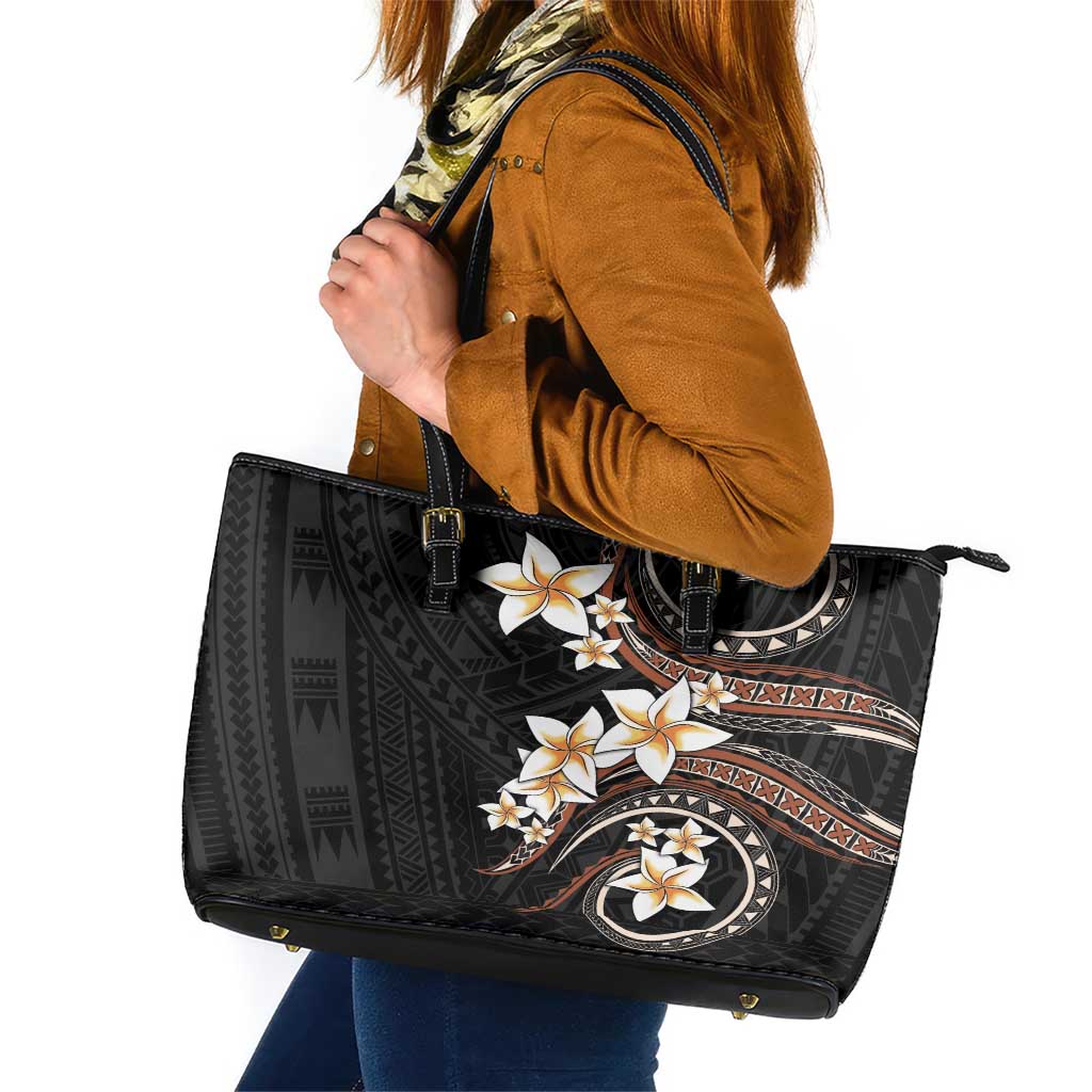 Vintage Plumeria Pacific Floral Leather Tote Bag LT9 Black - Polynesian Pride