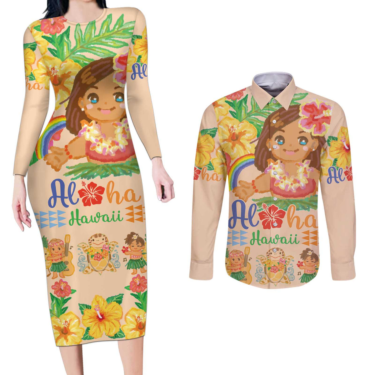 Kawaii Hula Girls Couples Matching Long Sleeve Bodycon Dress and Long Sleeve Button Shirt Aloha Hibiscus Flowers