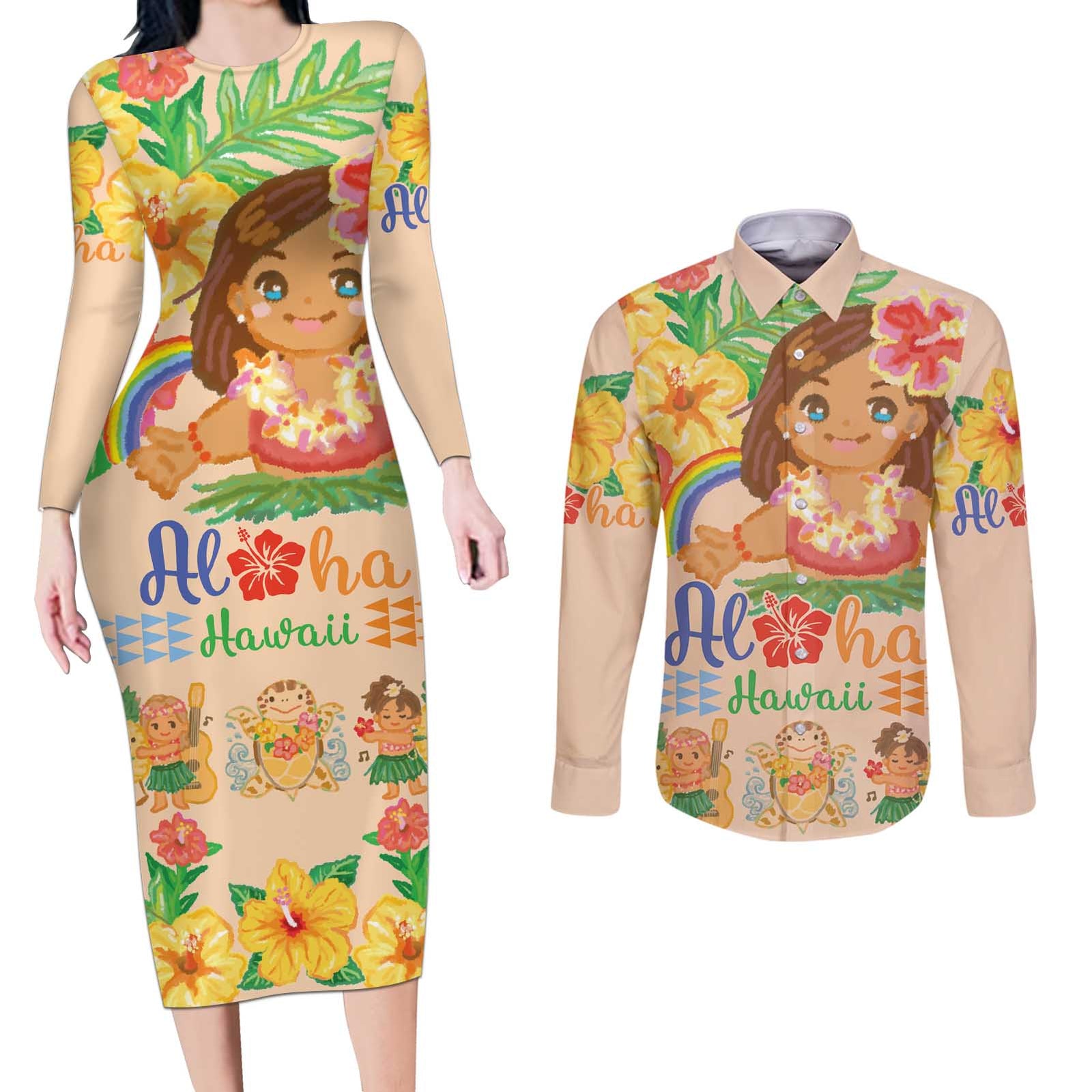 Kawaii Hula Girls Couples Matching Long Sleeve Bodycon Dress and Long Sleeve Button Shirt Aloha Hibiscus Flowers