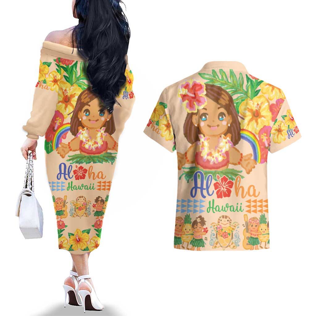 Kawaii Hula Girls Couples Matching Off The Shoulder Long Sleeve Dress and Hawaiian Shirt Aloha Hibiscus Flowers