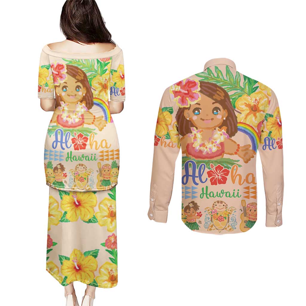 Kawaii Hula Girls Couples Matching Puletasi and Long Sleeve Button Shirt Aloha Hibiscus Flowers