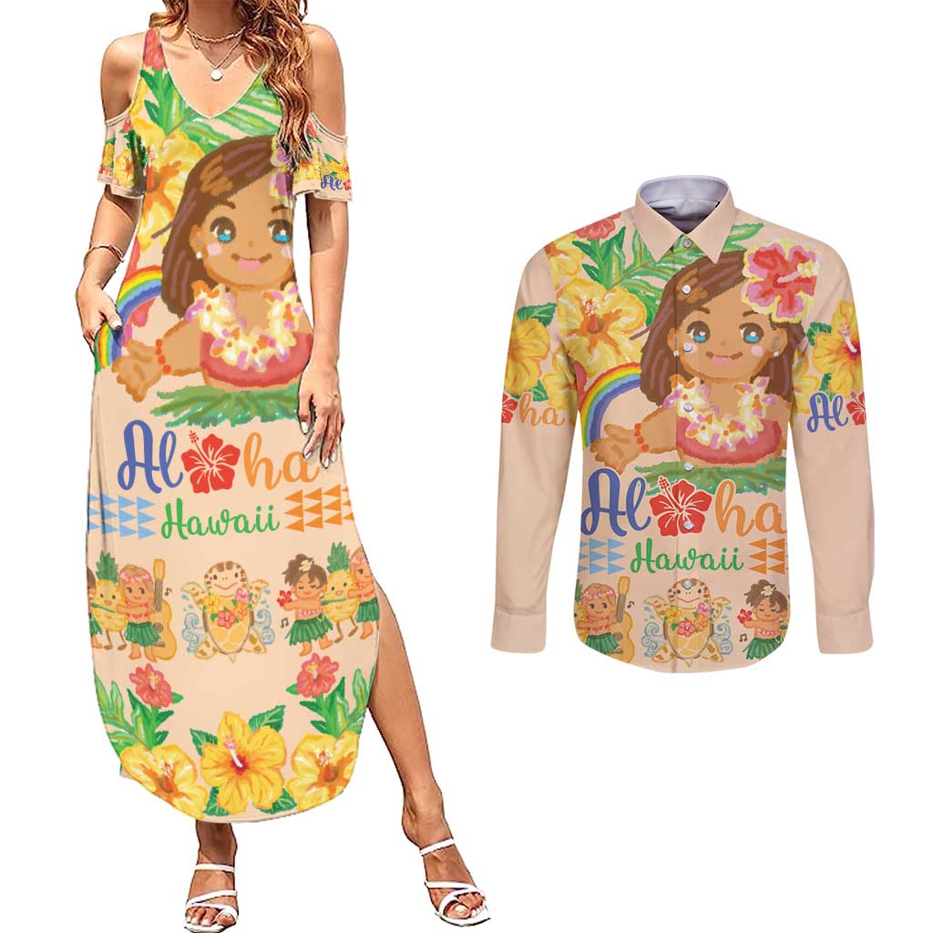 Kawaii Hula Girls Couples Matching Summer Maxi Dress and Long Sleeve Button Shirt Aloha Hibiscus Flowers