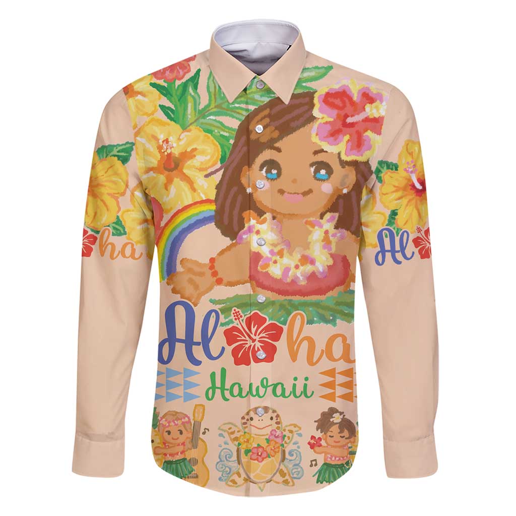 Kawaii Hula Girls Family Matching Long Sleeve Bodycon Dress and Hawaiian Shirt Aloha Hibiscus Flowers