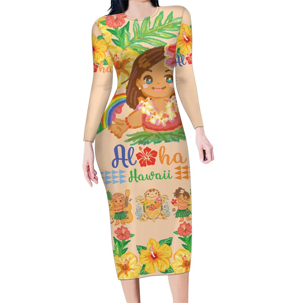 Kawaii Hula Girls Family Matching Long Sleeve Bodycon Dress and Hawaiian Shirt Aloha Hibiscus Flowers