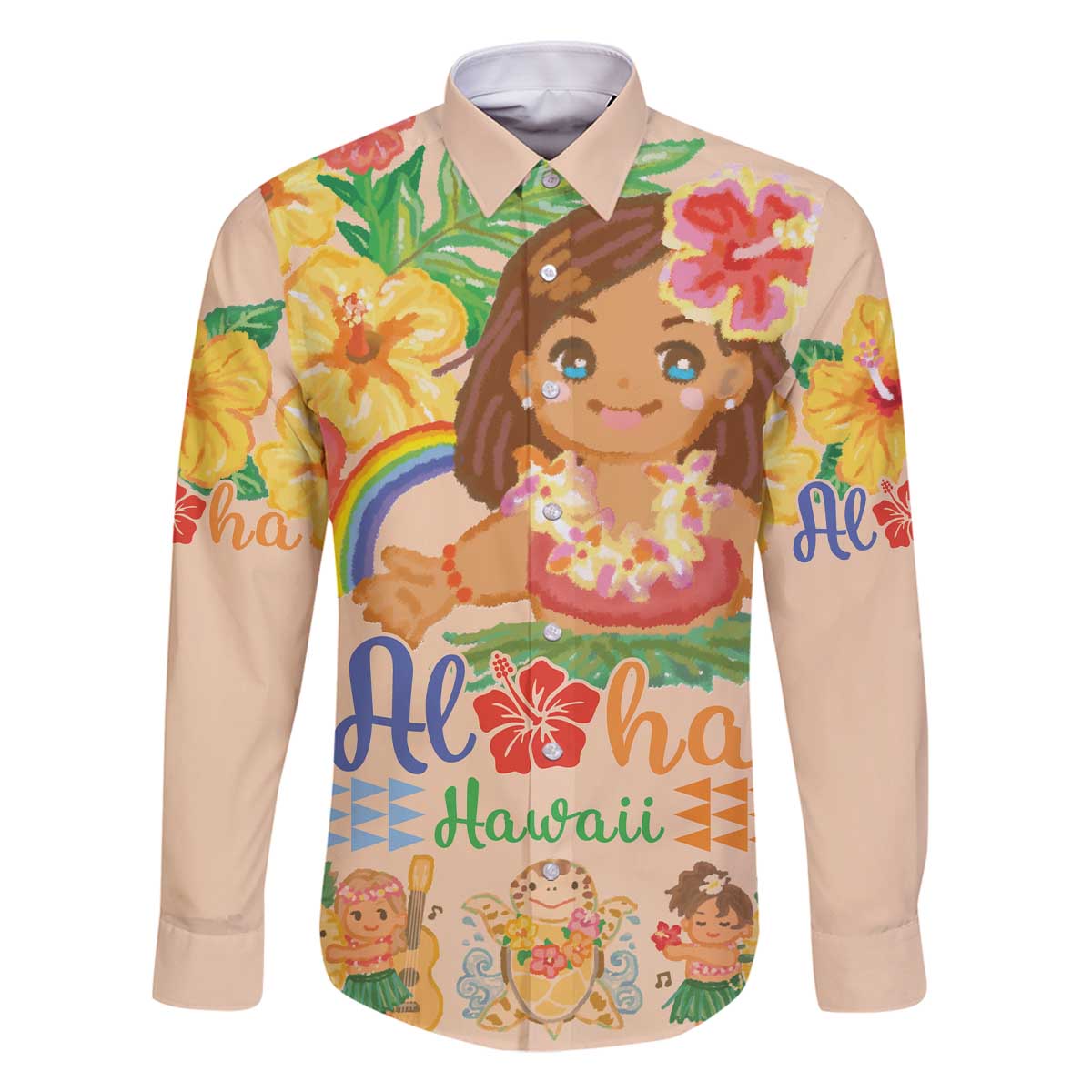 Kawaii Hula Girls Family Matching Off The Shoulder Long Sleeve Dress and Hawaiian Shirt Aloha Hibiscus Flowers