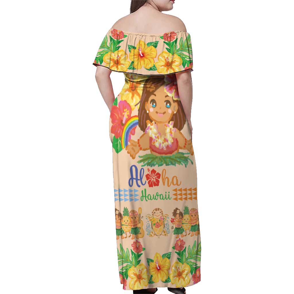 Kawaii Hula Girls Family Matching Off Shoulder Maxi Dress and Hawaiian Shirt Aloha Hibiscus Flowers