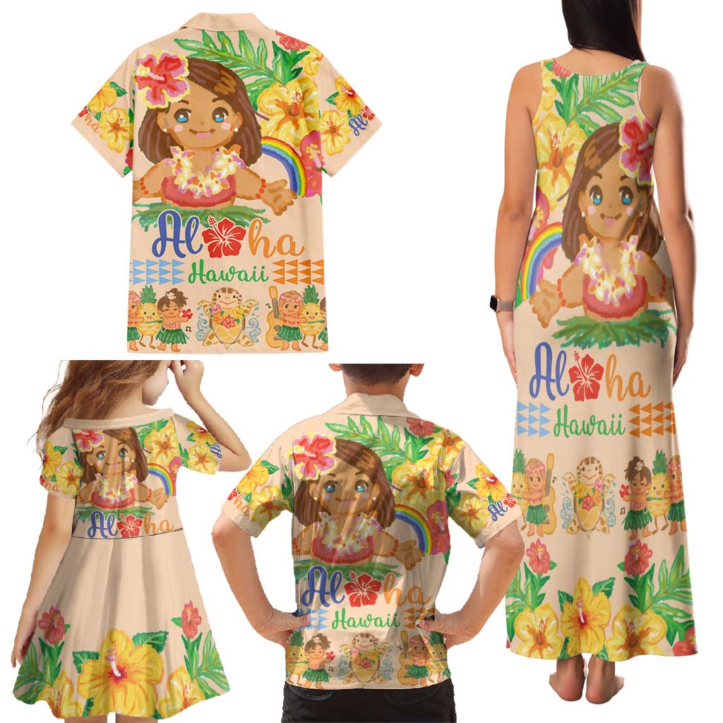 Kawaii Hula Girls Family Matching Tank Maxi Dress and Hawaiian Shirt Aloha Hibiscus Flowers