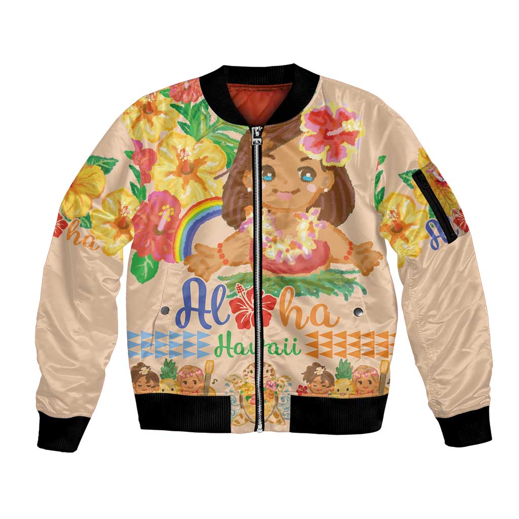 Kawaii Hula Girls Sleeve Zip Bomber Jacket Aloha Hibiscus Flowers