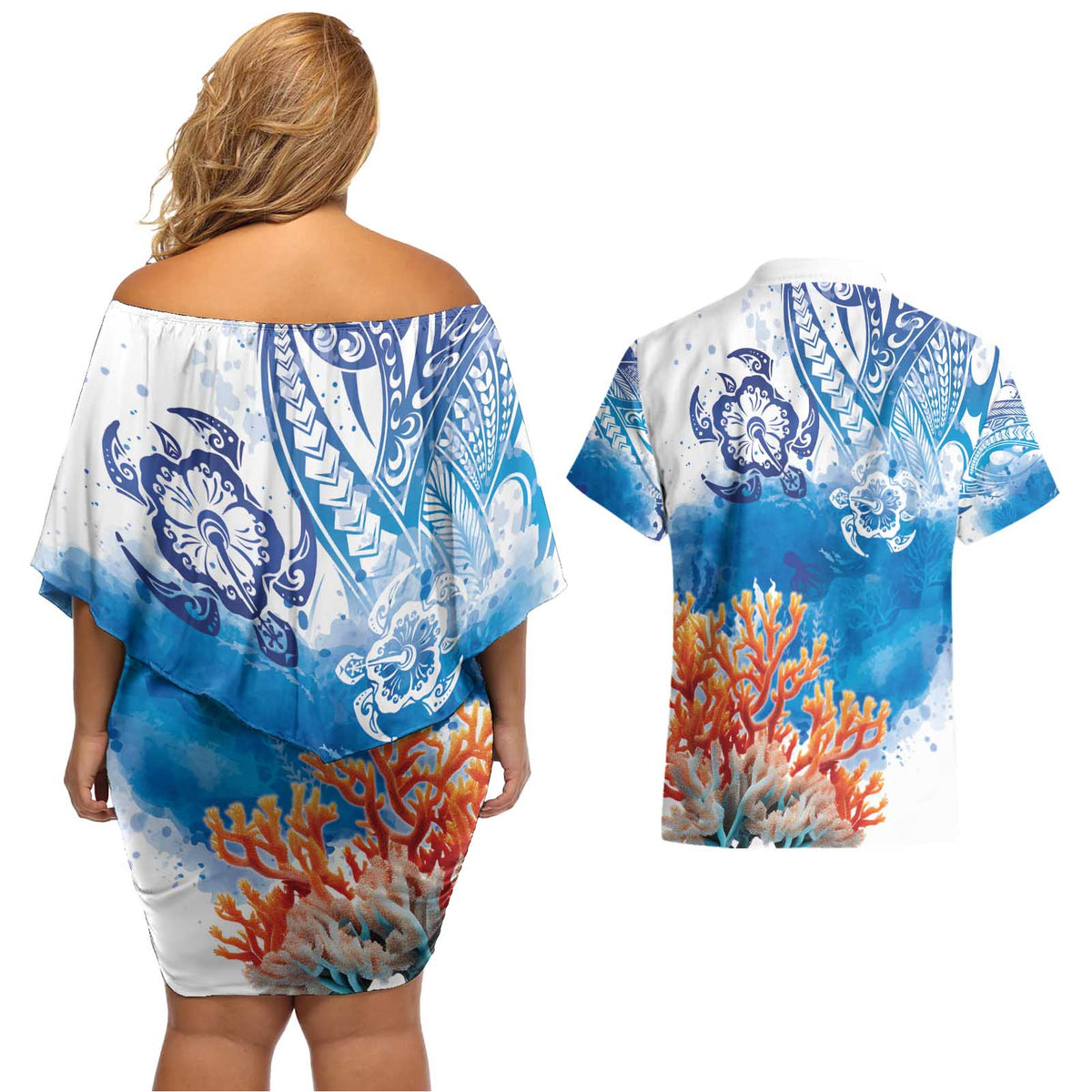 Hibiscus Turtle Tattoo Coral Reef Couples Matching Off Shoulder Short Dress and Hawaiian Shirt with Polynesian Tribal